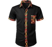 Duohropke Men's Short Sleeve Shirt Africa Print Short Sleeve Shirts Basic T-Shirt Fit Slim Button Blouse Top African Nobility Clothing Men's African Print Short Sleeve Shirt, black, L