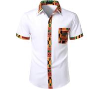 Duohropke Men's Short Sleeve Shirt Africa Print Short Sleeve Shirts Basic T-Shirt Fit Slim Button Blouse Top African Nobility Clothing Men's African Print Short Sleeve Shirt, White, XXL