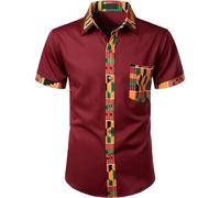 Duohropke Men's Short Sleeve Shirt Africa Print Short Sleeve Shirts Basic T-Shirt Fit Slim Button Blouse Top African Nobility Clothing Men's African Print Short Sleeve Shirt, Wine Red, L