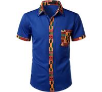 Duohropke Men's Short Sleeve Shirt Africa Print Short Sleeve Shirts Basic T-Shirt Fit Slim Button Blouse Top African Nobility Clothing Men's African Print Short Sleeve Shirt, blue, L