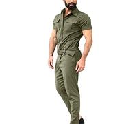 Duohropke Men's Summer Jumpsuit Plain Playsuit Men's Playsuit Trouser Suit Casual Romper One-Piece Zip Sportswear Jogging Suit Short Trousers Short Sleeve Jumpsuit Onesie with Pockets, Green, XL
