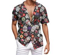 Duohropke Men's Summer Shirt Retro Rose Flower Hawaiian Shirt Skull Printed Blouse Lapel Button Down Short Sleeve T-Shirts Gothic Skeleton Shirt Holiday Party Beach Shirts Funny Party Outfit, 01 black