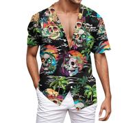 Duohropke Men's Summer Shirt Retro Rose Flower Hawaiian Shirt Skull Printed Blouse Lapel Button Down Short Sleeve T-Shirts Gothic Skeleton Shirt Vacation Party Beach Shirts Funny Party Outfit, 02