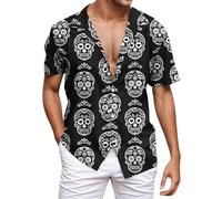 Duohropke Men's Summer Shirt Retro Rose Flower Hawaiian Shirt Skull Printed Blouse Lapel Button Down Short Sleeve T-Shirts Gothic Skeleton Shirt Holiday Party Beach Shirts Funny Party Outfit, 03 Black