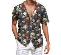 Duohropke Men's Summer Shirt Retro Rose Flower Hawaiian Shirt Skull Printed Blouse Lapel Button Down Short Sleeve T-Shirts Gothic Skeleton Shirt Holiday Party Beach Shirts Funny Party Outfit, black, L