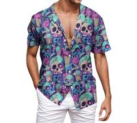Duohropke Men's Summer Shirt Retro Rose Flower Hawaiian Shirt Skull Printed Blouse Lapel Button Down Short Sleeve T-Shirts Gothic Skeleton Shirt Holiday Party Beach Shirts Funny Party Outfit, purple