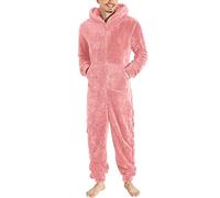 Duohropke Men's Teddy Fleece Onesie Comfortable Lounge Suit Fluffy Pajamas Plush Overall Long Pyjama Loungewear Onesie Warm Fluffy and Cozy One Piece, pink, L