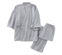 Duohropke Men's Two-Piece Japanese Kimono Set, Pyjama Suit, Yukata Robe, Short Sleeve Bathrobes, Nightdress, Sleepwear, Dressing Gown, Sleepwear, Home Service Outfit, Light Gray, L
