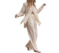 Duohropke Muslin Pyjamas Women's Two-Piece Linen Set Plain Elastic Leisure Suit Lightweight Loungewear High Waist Wide Leg Trousers Lapel Collar Long Sleeve Button Shirt Breathable Leisure Suit, a, XL