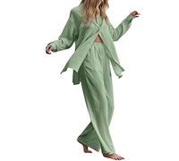 Duohropke Muslin Pyjamas Women's Two-Piece Linen Set Plain Elastic Leisure Suit Lightweight Loungewear High Waist Wide Leg Trousers Lapel Collar Long Sleeve Button Shirt Breathable Leisure Suit, Gn2