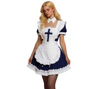 Duohropke Nun Costume Women's Japanese Anime Dress Sissy Maid Dress 5 Princess Lace Apron Retro Ruffle Pockets with Headpiece Bows and Sleeve Warmers French Maid Outfit