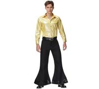 Duohropke Pack of 2 Men's 70s Disco Outfit Abba Hippie Costume Retro 80s Bell Underpants Flared Trousers Short Sleeve Shirts Fancy Dress Clubwear for Carnival Theme Party, yellow, XL