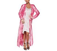 Duohropke Sequin Cardigan Women's Long Sexy Coat Spring Autumn Oversize Cardigan Glitter Maxi Open Front Jacket Boho Transparent Kimono Party Carnival Costume Rave Outerwear, pink, XL