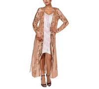 Duohropke Sequin Cardigan Women's Long Sexy Coat Spring Autumn Oversize Cardigan Glitter Maxi Open Front Jacket Boho Transparent Kimono Party Carnival Costume Rave Outerwear, Rose Gold, XL