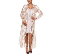 Duohropke Sequin Cardigan Women's Long Sexy Coat Spring Autumn Oversize Cardigan Glitter Maxi Open Front Jacket Boho Transparent Kimono Party Carnival Costume Rave Outerwear, beige, 3XL