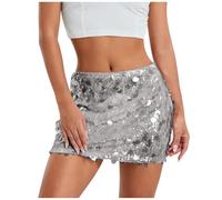 Duohropke Sequin Skirt for Women Sexy Glitter Mini Skirt Dance Belly Dance Skirt Out Stretch Skirt Hip Skirt High Waist Party Rave Outfit Pencil Skirt Party Bodycon Short Sequin Skirt, silver, XS