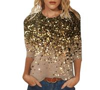 Duohropke Sequin Top Women's 3/4 Sleeve T-Shirt Sequin Print New Year's Eve Outfit Elegant Tops New Year's Eve Aesthetic Blouse Sexy Vintage Long Sleeve Shirts Modern Glitter Shirt, gold, L