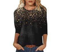 Duohropke Sequin Top Women's 3/4 Sleeve T-Shirt Sequin Print New Year's Eve Outfit Elegant Tops New Year's Eve Aesthetic Blouse Sexy Vintage Long Sleeve Shirts Modern Glitter Shirt, black, XL