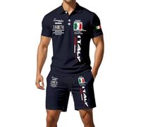Duohropke Summer Outfit, Men's Two-Piece Italy Flag Print, Leisure Suit, Football Jersey, Streetwear, Comfortable Sports Suit, Short Fitness Tracksuit, Short Sleeve, Lapel T-Shirt and Shorts, navy, L