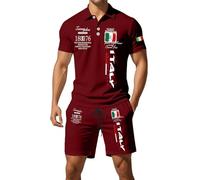 Duohropke Summer Outfit, Men's Two-Piece Italy Flag Print, Leisure Suit, Football Jersey, Streetwear, Comfortable Sports Suit, Short Fitness Tracksuit, Short Sleeve, Lapel T-Shirt and Shorts, Wine Red