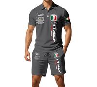 Duohropke Summer Outfit, Men's Two-Piece Italy Flag Print, Leisure Suit, Football Jersey, Streetwear, Comfortable Sports Suit, Short Fitness Tracksuit, Short Sleeve, Lapel T-Shirt and Shorts, gray