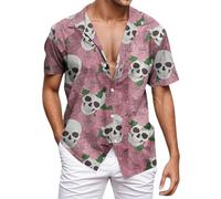 Duohropke Summer Shirt Men's Retro Rose Flower Hawaiian Shirt Skull Printed Blouse Lapel Button Down Short Sleeve T-Shirts Gothic Skeleton Shirt Holiday Party Beach Shirts Funny Party Outfit, pink, S