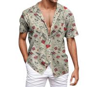 Duohropke Summer Shirt Men's Retro Rose Flower Hawaiian Shirt Skull Printed Blouse Lapel Button Down Short Sleeve T-Shirts Gothic Skeleton Shirt Holiday Party Beach Shirts Funny Party Outfit, beige