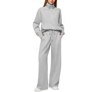 Duohropke Tracksuit Women's Two-Piece Jogging Suit Long Sleeve Tracksuit Sports Suit 1/2 Zip Sweatshirt and Jogging Bottoms with Wide Leg Leisure Suit Oversized Loose Sportswear, GY2, L