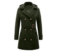 Duohropke Trench Coat Women's Double Breasted Pea Coat with Hood Medium Length Coats Turndown Collar Winter Jacket Water-Repellent Classic Peacock Coat with Belt Outerwear Streetwear, Army Green, L