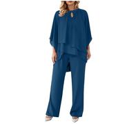 Duohropke Trouser Suit Women's Large Sizes Evening Suit Set Two Piece with Chiffon Shirt and High Waist Elegant Vintage 2-Piece Outfit Elegant Leisure Suit for Cocktail Party Festive, Blue 1, L