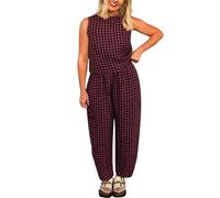 Duohropke Trousers Set for Women Loose Checked Set Sleeveless Crew Neck Vest and Elastic Waist Chino Trousers Y2k Gingham Outfits Comfortable Two Piece, red, M