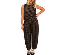 Duohropke Trousers Set for Women Loose Checked Set Sleeveless Crew Neck Vest and Elastic Waist Chino Trousers Y2k Gingham Outfits Comfortable Two Piece, khaki, XL