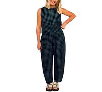 Duohropke Trousers Set for Women Loose Checked Set Sleeveless Crew Neck Vest and Elastic Waist Chino Trousers Y2k Gingham Outfits Comfortable Two Piece, Dark green, L