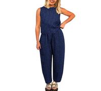 Duohropke Trousers Set for Women Loose Checked Set Sleeveless Crew Neck Vest and Elastic Waist Chino Trousers Y2k Gingham Outfits Comfortable Two Piece, blue, XXL