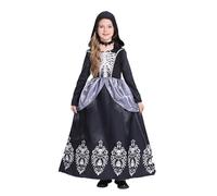 Duohropke Vampire Costume Girls with Necklace Halloween Costume Medieval Fancy Dress Vintage Vampire Queen Witch Skeleton Dress with Hood Carnival Party Clothing for Children