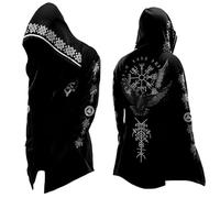 Duohropke Viking Medium Length Hoodie Men's 3D Printed Odin Myth Spring Autumn Capes Medieval Cosplay Costume Personality Biker Trend Cardigan Scandinavia Gift, Black (black 4), 3XL