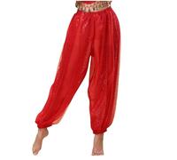 Duohropke Women's Belly Dance Harem Trousers Chiffon Tribal Arabic Trousers Sequins Shiny Loose Zumba Party Performance Belly Dance Costume Pump Trousers, red, M