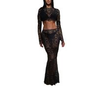 Duohropke Women's Casual Crochet Solid Two Piece Sexy Lace Holiday Sets Crop Top and Maxi Skirt with High Waist 2-Piece Outfit, black, XL