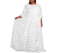 Duohropke Women's Dress with Floral Appliques, African Style, Boat Neck, Kaftan, Chiffon Dresses, Casual Plain Maxi Dress, Long A Line Tunic Dress, Chic Party Dress, Cocktail Dress, White, One Size