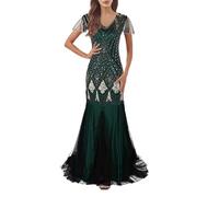 Duohropke Women's Flapper Dress Retro 1920s Style Great Gatsby Charleston Dress Tassels Full Sequins Evening Dress Vintage 20s V-Neck Prom Theme Party Fancy Dress Costume, Green, S