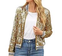 Duohropke Women's Glitter Sequin Bomber Jacket Zip Jacket with Sequins Jacket Stand-Up Collar Long Sleeve Jacket with Pocket Biker Jacket Transition Jacket, gold, M