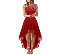 Duohropke Women's Lace Dress Sleeveless Front Short Back Long Irregular Prom Dress Festive Chiffon Dresses with Crew Neck Halterneck Dresses, red, L