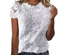 Duohropke Women's Lace Summer Blouse, Stretch Crew Neck Shirt, Elegant Ruffle Short Sleeve Tops, Casual Fashion, Patterned Clothing Tops, Plain Shirt, 01 white, M