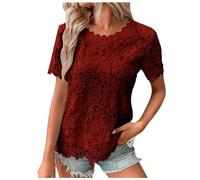 Duohropke Women's Lace Summer Blouse, Stretch Crew Neck Shirt, Elegant Ruffle Short Sleeve Tops, Casual Fashion, Patterned Clothing Tops, Plain Shirt, Wine Red, XXL