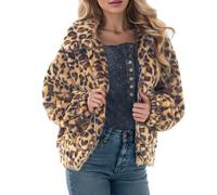 Duohropke Women's Leopard Coat Teddy Plush Parka Faux Fur with Pocket Fuzzy Warm Coat Autumn Winter Long Sleeve Winter Jacket Women Oversized Outwear Casual Faux Fur Jacket Leo Oversize