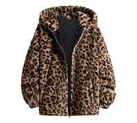 Duohropke Women's Leopard Coat Teddy Plush Parka Faux Fur With Pocket Fuzzy Warm Coat Autumn Winter Long Sleeve Winter Jacket Women's Oversized Outwear Casual Faux Fur Jacket Leo Oversize, 02 Brown