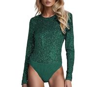 Duohropke Women's Long Sleeve Glitter Jumpsuit with Sequins, Blue Long Sleeve Bodysuit for Party, Clubwear, Leotard, Overall, Undershirt, Tops, Green, L