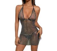 Duohropke Women's Mesh Beach Dresses Mesh Glitter Lingerie Cut Out Dress Glitter Rhinestone Fishnet Bodycon Dress Transparent Bikini Dress, black, S