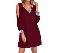 Duohropke Women's Sequin Dress Vintage Mesh Embroidery Splicing Dress Casual Sequin Dress Long Sleeve V-Neck Short Sleeve Knee-Length Chiffon Evening Dresses, Wine Red, L
