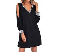 Duohropke Women's Sequin Dress Vintage Mesh Embroidery Splicing Dress Casual Sequin Dress Long Sleeve V-Neck Short Sleeve Knee-Length Chiffon Evening Dresses, black, XXL